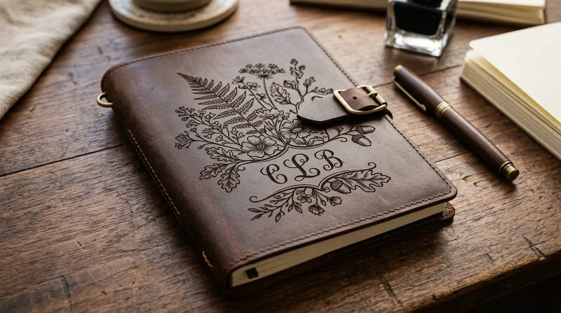 Copertă de jurnal din piele naturală gravată laser cu motiv botanic și monogramă