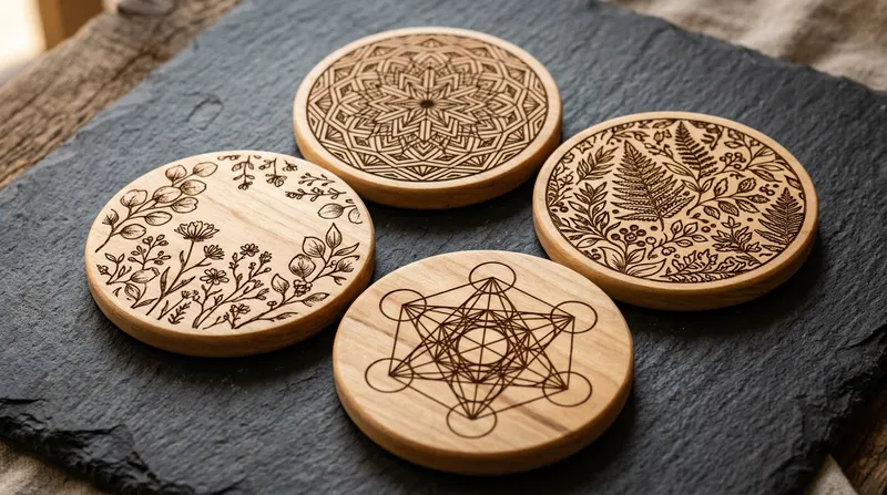 Set de 4 suporturi de pahar rotunde din lemn, gravate laser cu modele botanice și geometrice